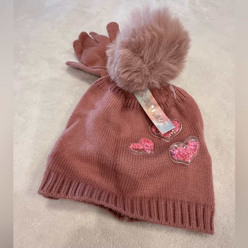 Piper & Max toddler pink beanie glove set clear heart patches pink mobile stars